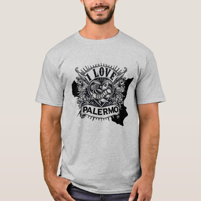 Camiseta Eu Amo Design de Estilo de Tatuagem Palermo Sicili (Frente)