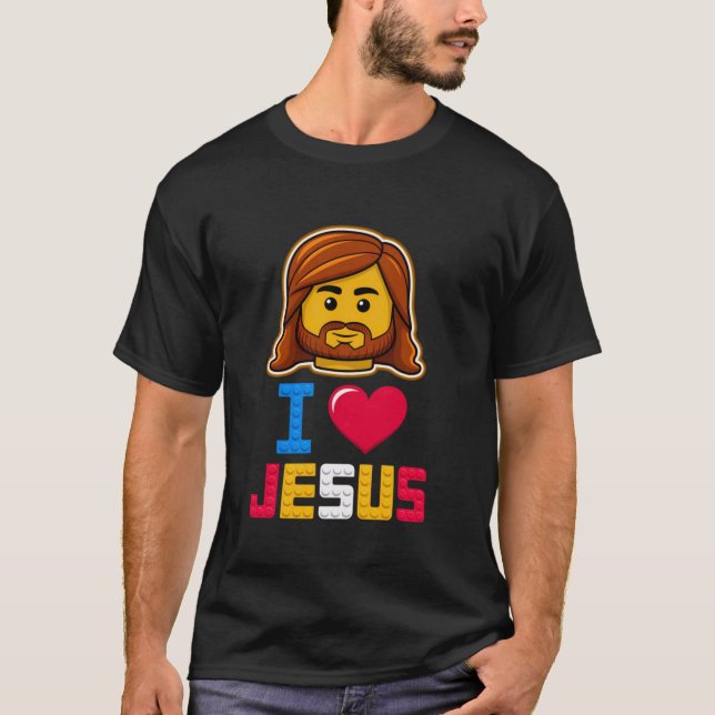 Camiseta Eu Amo Jesus Mestre Construtor Blocos de Construçã (Frente)