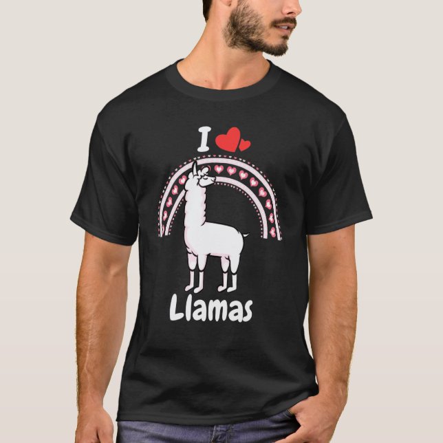 Camiseta Eu Amo Lhamas   Design de Corações Arco-íris de Lh (Frente)