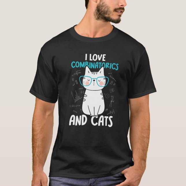 Camiseta Eu Amo Matemática e Gatos   Combinatória  1 (Frente)