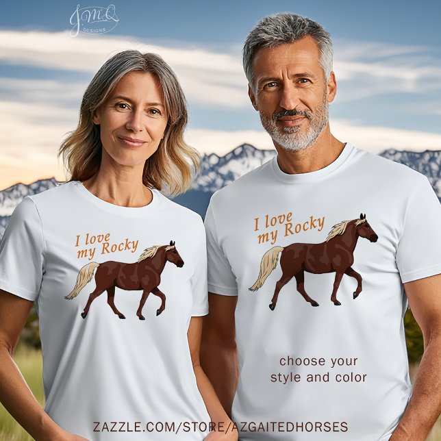 Camiseta Eu Amo Meu Cavalo Rochoso - Cute Gaited Horse Love (Two people wearing white t-shirts with a brown horse illustration and the text “I love my Rocky.”)