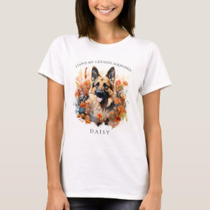 Camiseta Eu Amo Meu Retrato De Cachorro Floral German sheph