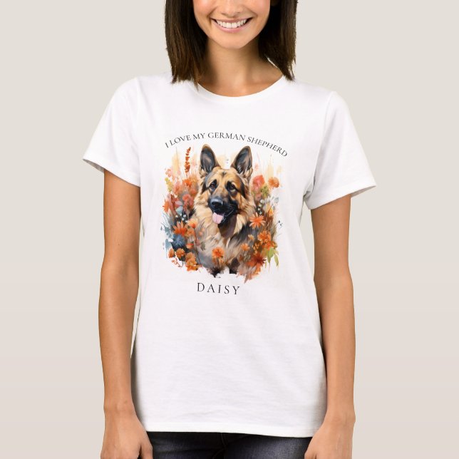 Camiseta Eu Amo Meu Retrato De Cachorro Floral German sheph (Frente)