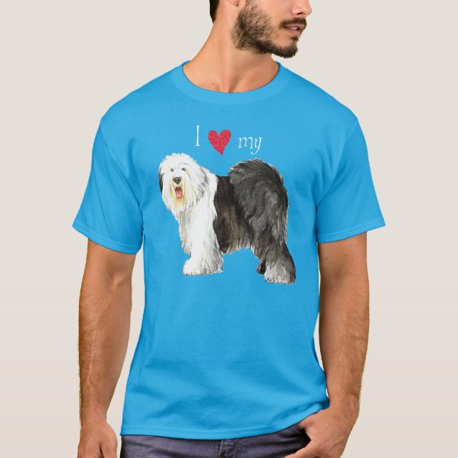 Camiseta Eu amo meu Sheepdog inglês velho (Frente)