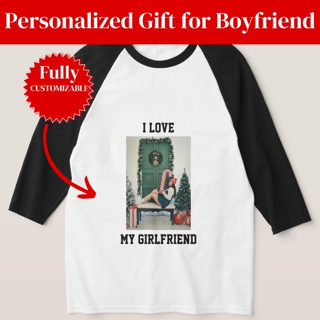Camiseta Eu Amo Minha Namorada Foto Raglan Tee Presente (I Love My Girlfriend Photo Raglan Tee Gift)