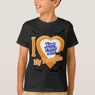 Camiseta Eu Amo Minha Pumpkin Com Sua Foto Com Morcegos