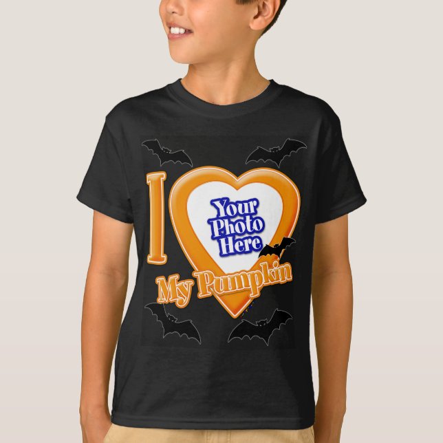 Camiseta Eu Amo Minha Pumpkin Com Sua Foto Com Morcegos (Frente)