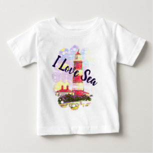 Camiseta Eu amo o mar com um farol e uma Shell
