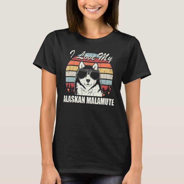 Camiseta Eu Amo O Meu Design De Retro Malamute Do Alasca (Frente)