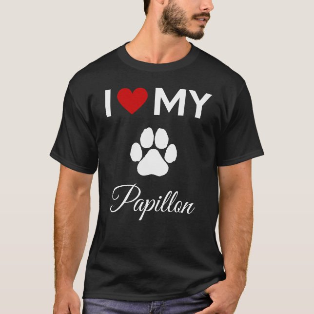 Camiseta Eu amo o meu texto personalizado de cão Papillon (Frente)