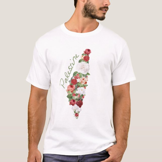 Camiseta Eu Amo Palestina Mapa da Palestina rosas (Frente)