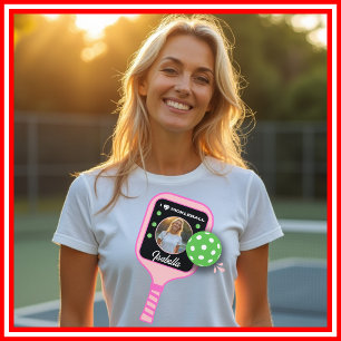 Camiseta Eu Amo Pickleball Raquete Rosa Foto Esportiva FOTO