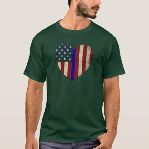 Camiseta Eu Amo Policial Thin Blue Line American Heart Flag