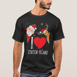 Camiseta Eu Amo Staten Island Reindeer Santa Hat Natal