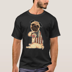 Camiseta Eu Amo Tatuagem do Tio Pug Cachorro Bandeira Ameri