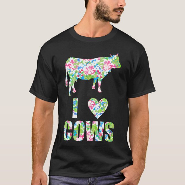 Camiseta Eu Amo Vacas Floral Coração Vaca (Frente)