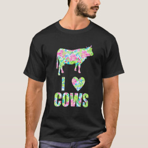 Camiseta Eu Amo Vacas Flores Coloridas Padrão Coração Vaca