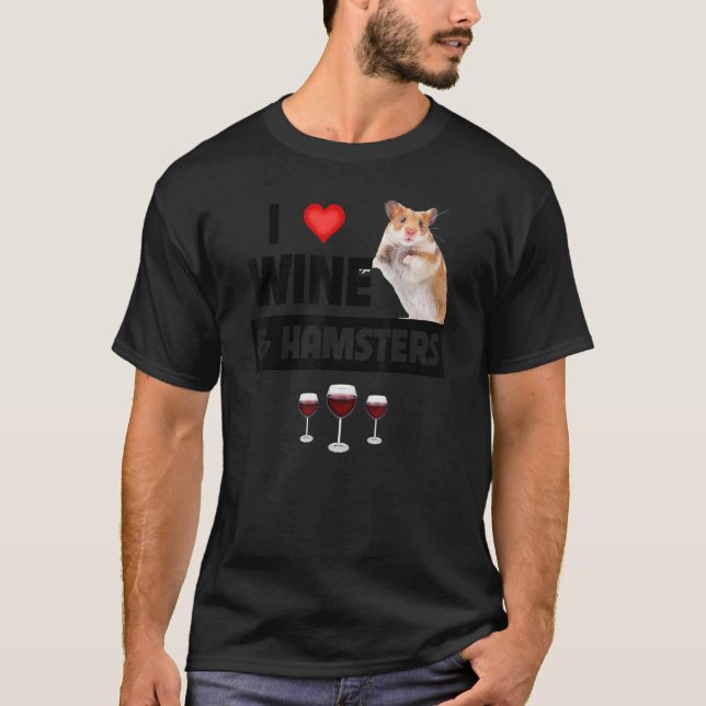 Camiseta Eu Amo Vinho e Roda de Gaiola de Hamsters Animado  (Frente)