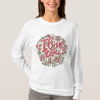 Camiseta Eu Amo Você Coroa Floral Rosas Românticas Manga Lo