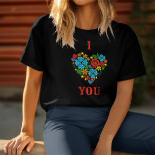 CAMISETA EU AMO VOCÊ DESENHO DE CORAÇÃO FLORAL DO DIA DOS N