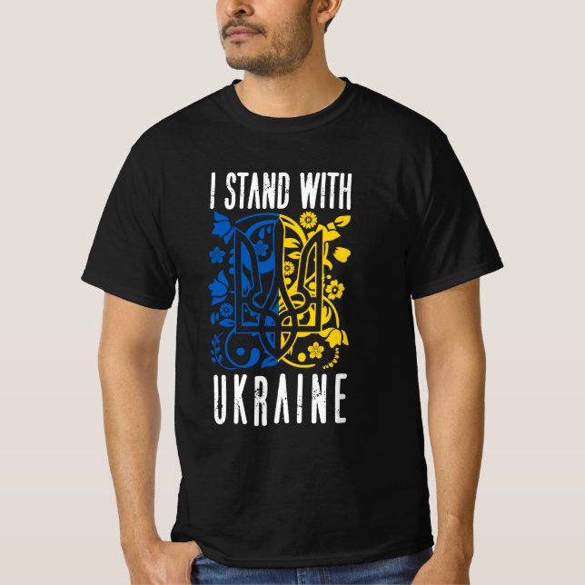 Camiseta Eu apoio a Ucrânia. Tridente da Ucrânia.  (Frente)
