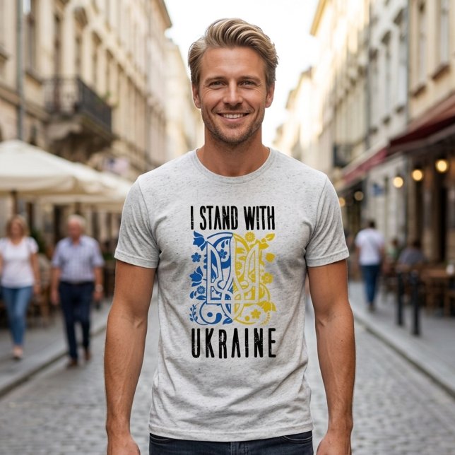 Camiseta Eu apoio a Ucrânia. Tridente da Ucrânia. (Criador carregado)