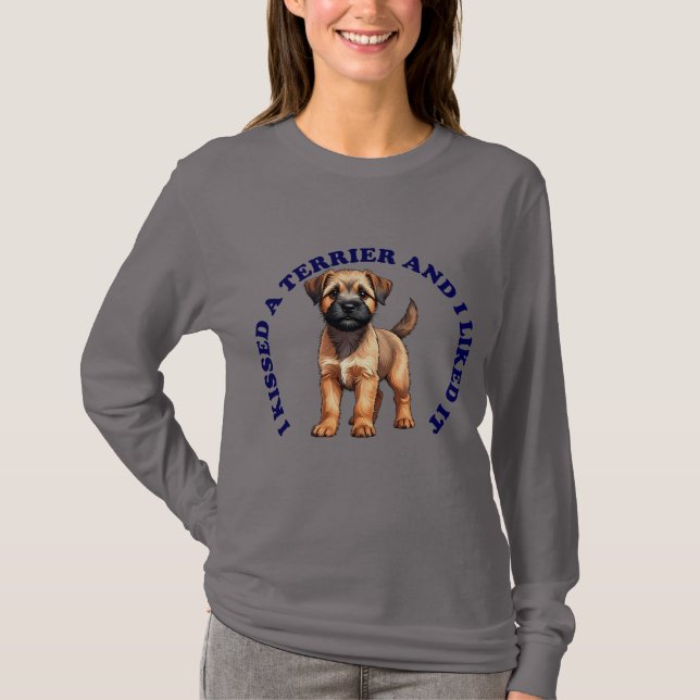 Camiseta Eu beijei um cachorro da raça Border Terrier (Frente)
