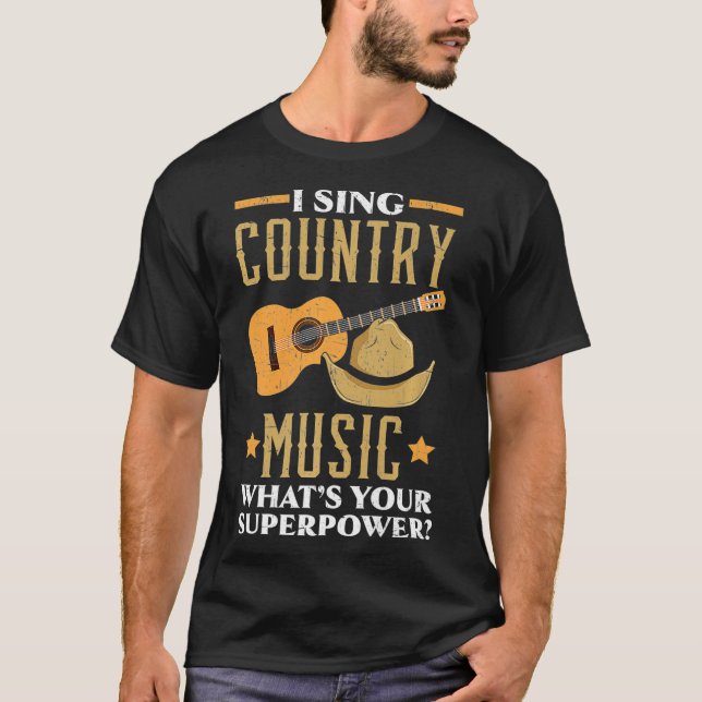 Camiseta Eu canto música country qual é o seu super poder M (Frente)