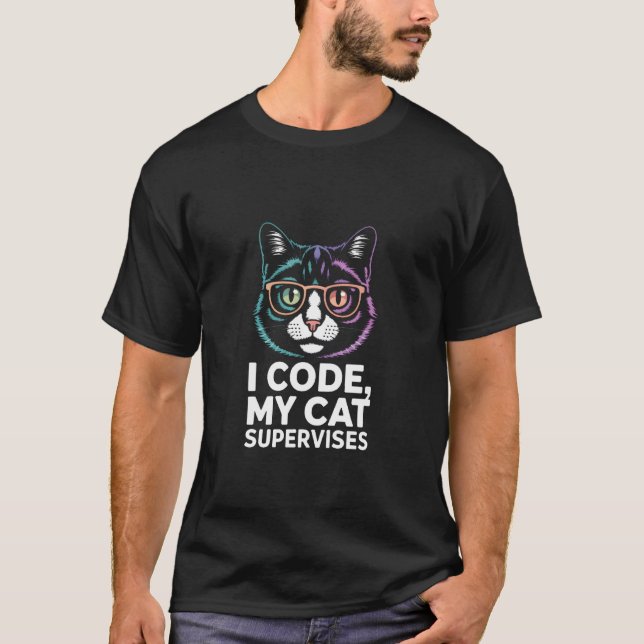 Camiseta Eu Código Meu Gato Supervisiona Manga Longa (Frente)