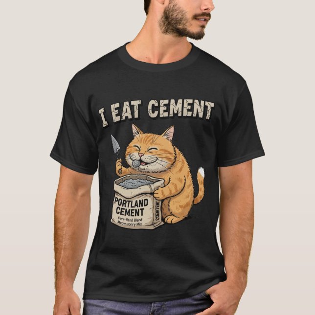 Camiseta Eu Como Cimento Gato Engraçado Construção Gato Eng (Frente)