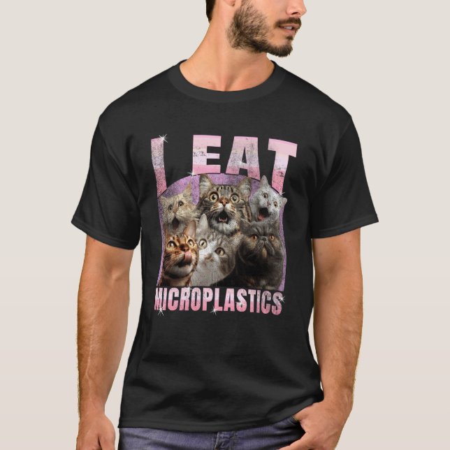 Camiseta Eu Como Microplásticos Gato Engraçado Meme DIY (Frente)