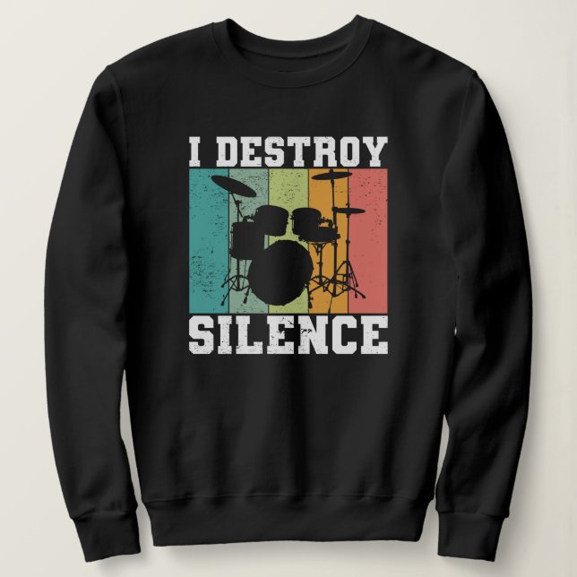 Camiseta Eu Destruo Silêncio Vintage Drummer Retro (Frente do Design)