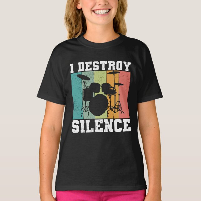 Camiseta Eu Destruo Silêncio Vintage Drummer Retro (Frente)