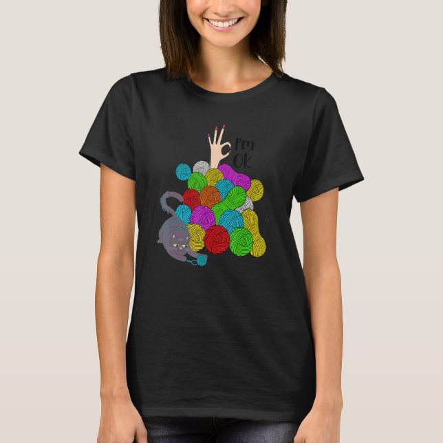 Camiseta Eu estou bem, Yarn Cat... tricô, crochê. (Frente)