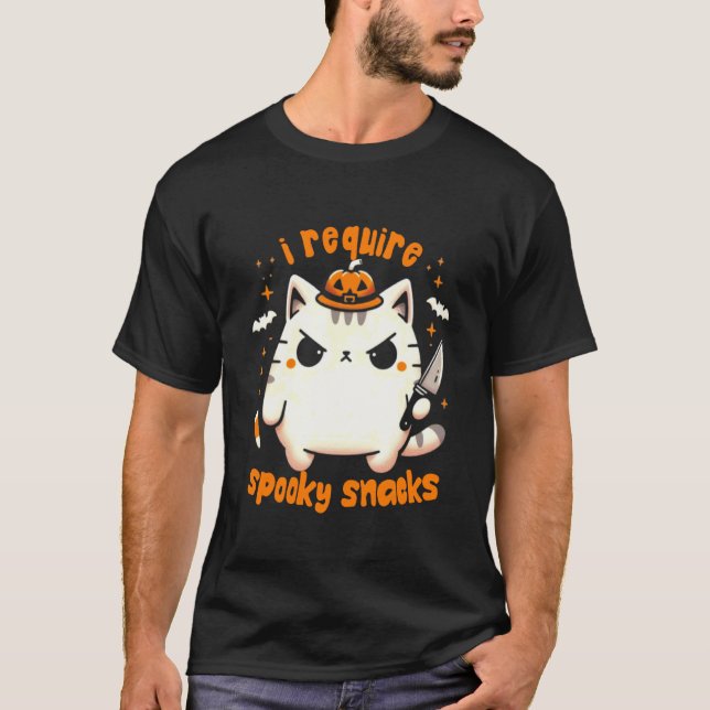 Camiseta Eu Exijo Lanches Assustadores Gato Mal-humorado Ha (Frente)