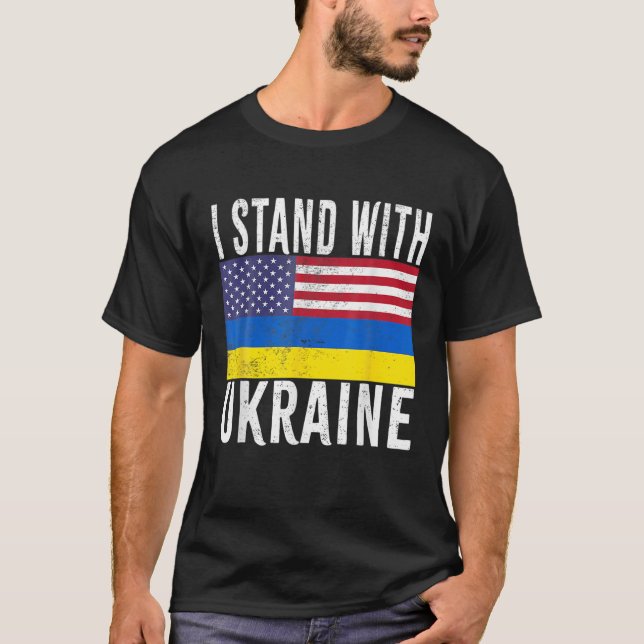 Camiseta Eu Fico Com A Ucrânia Bandeira Americana Apoiando  (Frente)