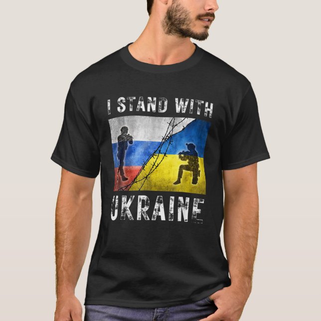 Camiseta Eu fico com a Ucrânia com o apoio da Ucrânia ameri (Frente)