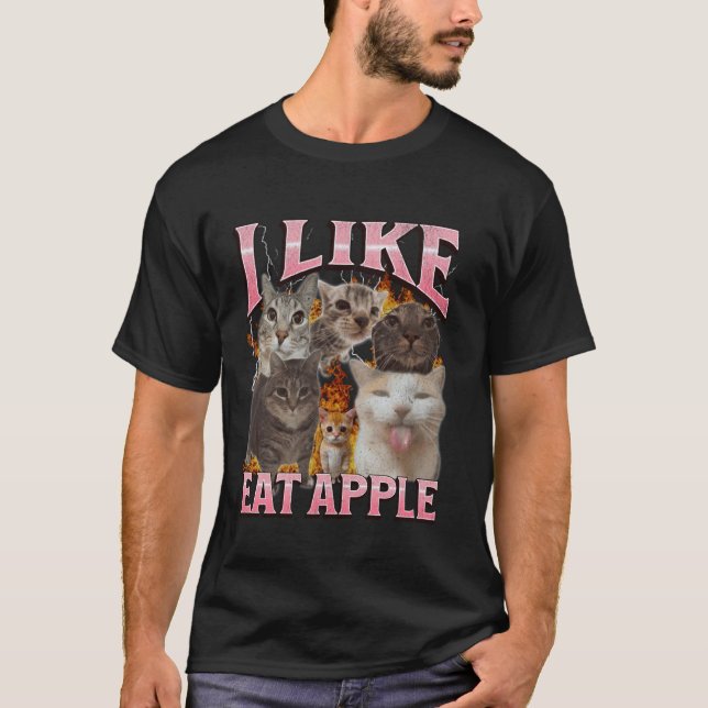 Camiseta Eu Gosto de Comer Meme de Gato Engraçado de Apple  (Frente)