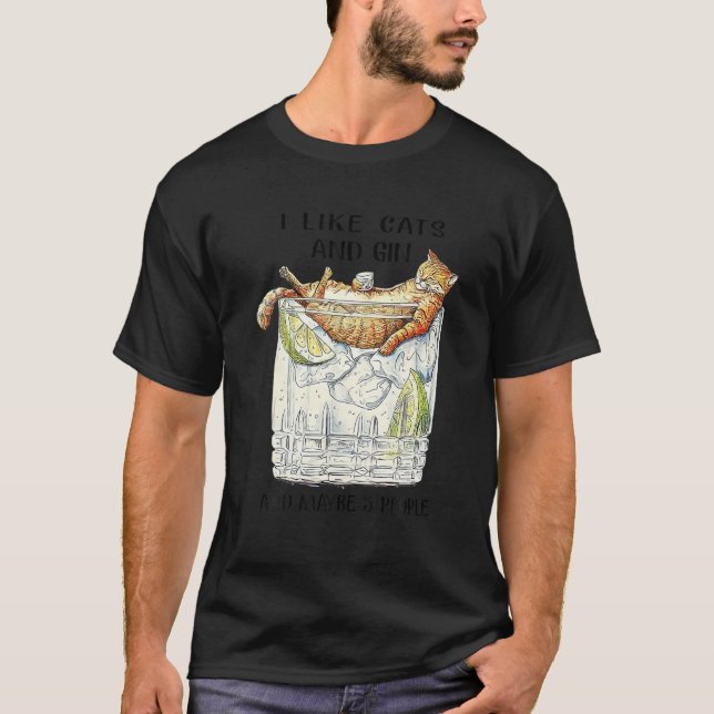 Camiseta Eu Gosto De Gatos E Gin Bebendo Bebida Bartender (Frente)