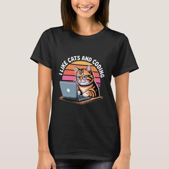 Camiseta Eu Gosto de Gatos e Programador de Codificação Pai (Frente)