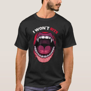 Camiseta Eu não vou morder os dentes de vampiro Lábios verm