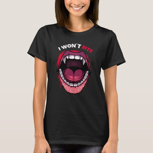 Camiseta Eu não vou morder os dentes de vampiro Lábios verm (Frente)