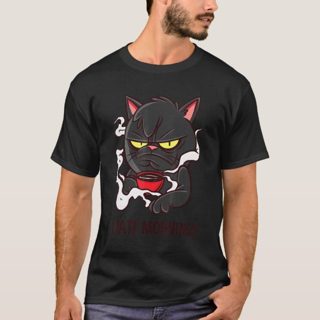 Camiseta Eu Odeio Citações de Manhãs   Café da Manhã Gato (Frente)