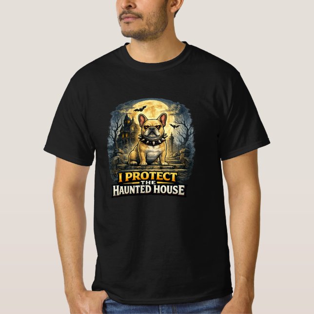 Camiseta Eu Protejo A Casa Assombrada French Bulldog Hallow (Frente)