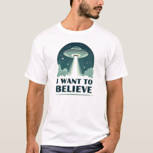 Camiseta Eu Quero Acreditar (OVNI Azul)   Retro Espaço Exte