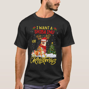 Camiseta Eu quero Shiba Inu Cachorro Luzes de Natal Reinado