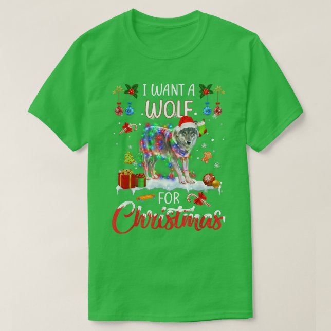 Camiseta Eu Quero Um Lobo Para O Natal Luzes Papais noeis L (Frente do Design)