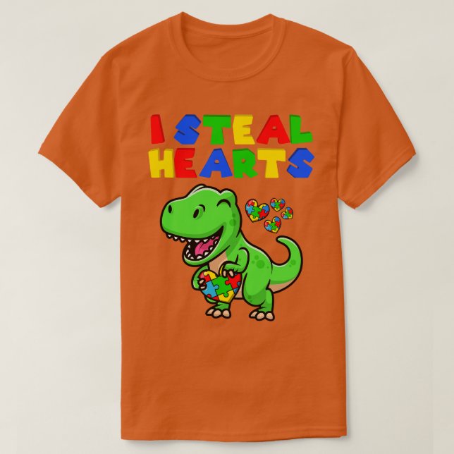Camiseta Eu Roubo Corações Autismo Quebra-cabeça T Rex Dino (Frente do Design)