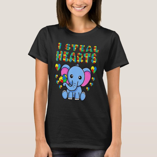 Camiseta Eu Roubo Corações Autismo Sensibilização Elefante  (Frente)