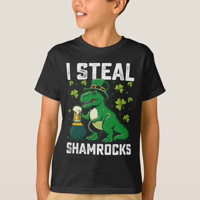 Camiseta Eu Roubo Shamrocks T Rex Dinossaur Dia de São Patr (Frente)